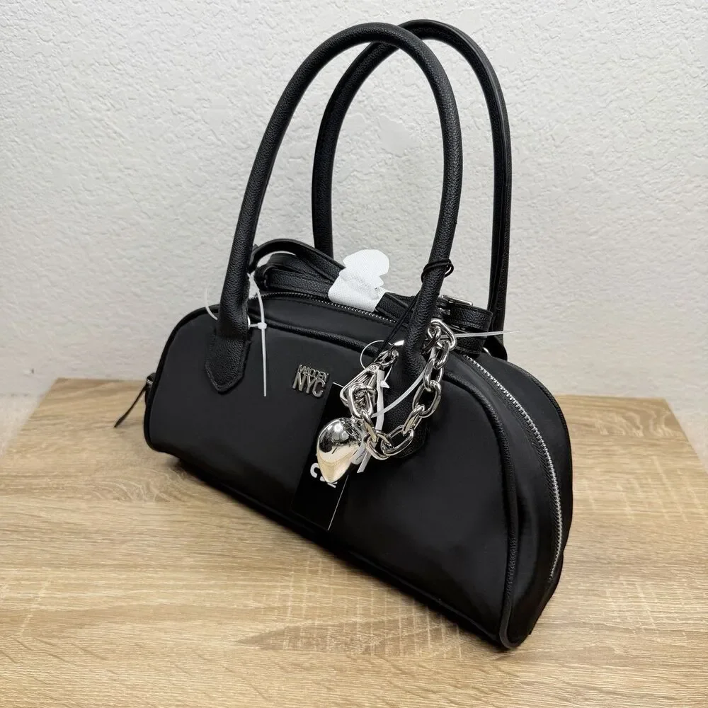 Madden NYC East West Bowler Bag Black Nylon Crossbody Shoulder Bag Heart Charm